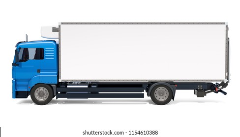 Lorry with isothermal van, side view. 3D rendering isolated on white background