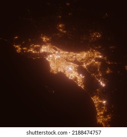 Los Angeles (California, USA) Street Lights Map. Satellite View On Modern City At Night. Imitation Of Aerial View On Roads Network. 3d Render, High Resolution