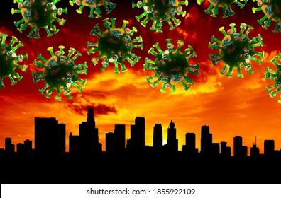 Los Angeles Skyline Cityscape With Frightening Red Sky Representing Pending Doom As Coronavirus Cells Descend On A Vulnerable Population 3D Illustration