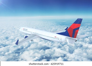 LOS ANGELES/CALIFORNIA - APRIL 20th, 2017: Delta Airlines Boeing 737-800 on approach to runway at Los Angeles International Airport in Los Angeles, California, USA. 3D Illustration