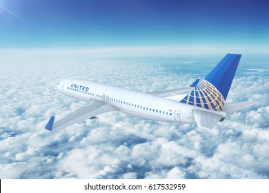 LOS ANGELES/CALIFORNIA - APRIL 8, 2017: United Airlines Boeing 737-800 on approach to runway at Los Angeles International Airport in Los Angeles, California, USA. 3D Illustration