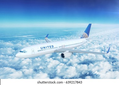 LOS ANGELES/CALIFORNIA - APRIL 8, 2017: United Airlines Boeing 737-800 on approach to runway at Los Angeles International Airport in Los Angeles, California, USA. 3D Illustration