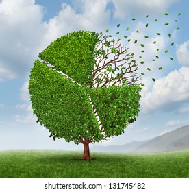 Losing market share pie chart as a growing green tree with leaves flying and falling off as a business concept of competition loss as a financial graph chart symbol of economic challenges.