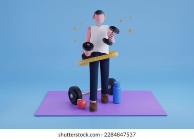 Losing weight. set yourself up for weight loss success,Diet and Exercise,Fit Body and healthy. man is standing on a weight scale with a tape measure. 3D Illustration
 - Powered by Shutterstock