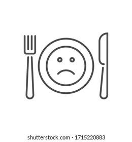 Loss Of Appetite Related Thin Line Icon. Cutlery - Knife, Fork And Plate. On A Plate A Sad Smiley. Isolated On White Background. 