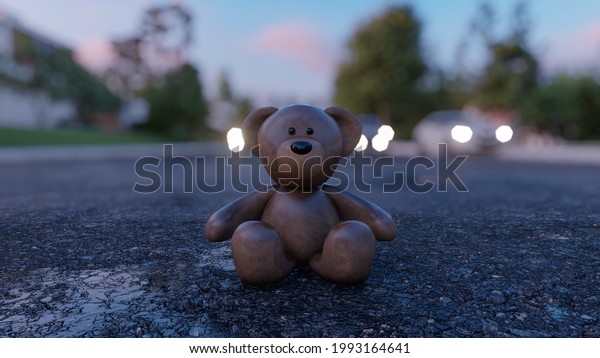 The lost teddy bear lies on a wet\
highway, and cars rush past at high speed. Lost favorite toy\
concept. View of the missing wet teddy bear. 3D\
Rendering.