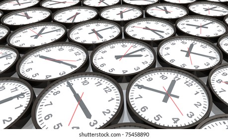 Lots Of Black And White Clocks Showing Different Time, 3D