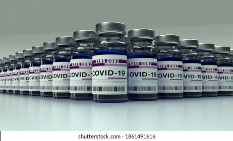 Lots Of Bottles With COVID-19 Vaccine. 3d Illustration