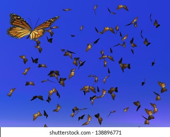 Lots Of Colorful Monarch Butterflies Flying For Their Annual Migration In Deep Blue Sky