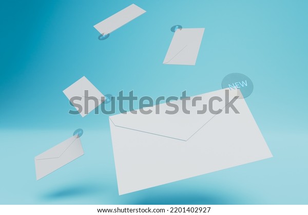 lots of correspondence and new
letters in closed envelopes on a blue background. 3D
render.