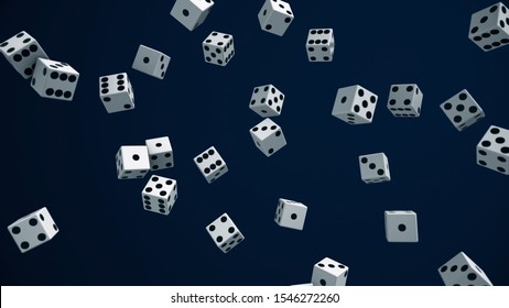 Lots Of Dice. Animation. Lots Of Moving And Rotating Game Cubes In Weightlessness On Closed Background. Concept Of Gambling. Probability Of Getting Right Combination Of Dice