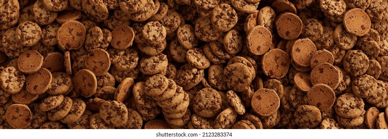 Lots Of Fresh Chocolate Chip Cookies As A Biscuit Background Texture Panorama (3d Rendering)