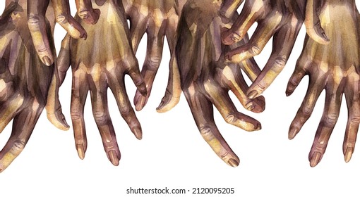 Lots Of Hands Reaching Down. Watercolor Drawing Isolated On White Background.
