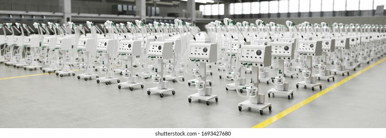 Lots of new ventilators and respirators in the warehouse of a coronavirus epidemic factory (3D Rendering)