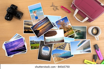 Lots Of Photos Spread On A Desk With Camera And Other Objects, Images Can Be Easily Replaced With Your Own Content. All Pictures Are Made By Me, Some Can Be Found On My Portfolio.