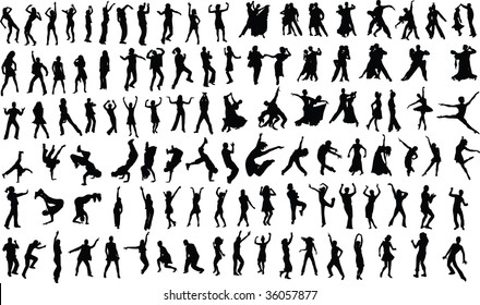 Lots of silhouettes of dancing people. Vector