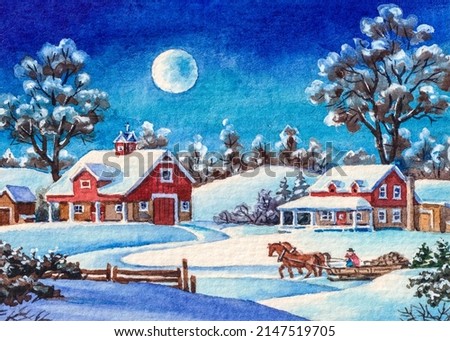 A Lots of snow. Snowy cold winter. Country landscape with houses. Moon night. Watercolor painting. Acrylic drawing art. A piece of art. 