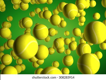 Lots Of Tennis Balls Flying Through The Air On Green Background. Sports Texture, Pattern, Background