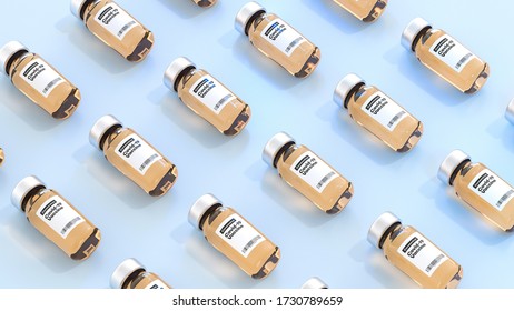 Lots Of Vaccine Vials For Novel Coronavirus Covid-19. Bottles Of Vaccine, Isometric View. 3 Illustration.