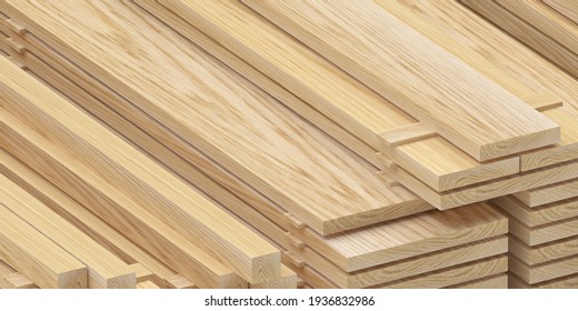 Lots of wood planks in stacks. 3d illustration 