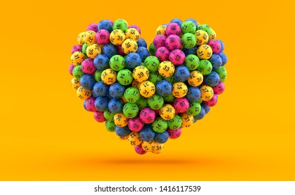 Lottery balls in heart shape isolated on yellow background. 3d illustration