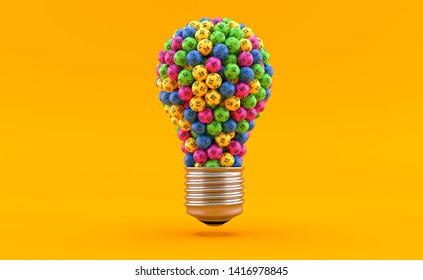 Lottery balls in light bulb shape isolated on yellow background. 3d illustration