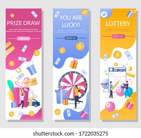 Lottery Vertical Web Banner Template Set, Illustration. People Playing Bingo, Keno, Lotto Lottery Games, Taking Part In Prize Drawing. Gambling Industry.