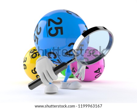 Lotto ball character looking through magnifying glass isolated on white background. 3d illustration