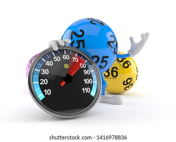 Lotto Ball Character With Speed Meter Isolated On White Background. 3d Illustration