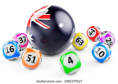 Lotto Balls With Australian Flag. Lottery In Australia Concept, 3D Rendering Isolated On White Background