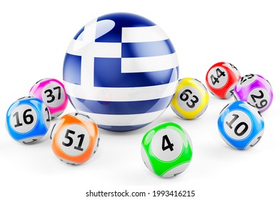 Lotto balls with Greek flag. Lottery in Greece concept, 3D rendering isolated on white background