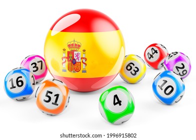 Lotto balls with Spanish flag. Lottery in Spain concept, 3D rendering isolated on white background