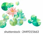 Lotus border. Watercolor pink water-lilly flower in pond with branch and round leaves Isolated on white background.