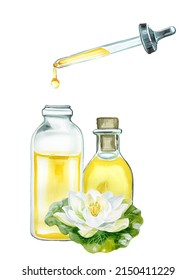  Lotus Essential Oil In A Bottle For Cosmetics,relaxing,massage. Watercolor Water Lily Flower Aroma Oil. Perfume Concept Design.  Oil For Cosmetology.