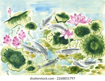 Lotus   fish watercolor botanical illustration in oriental style  Lotus flowers   leaves in the water  