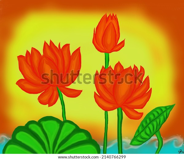 Lotus flower illustration painted on yellow orange background. Beautiful postcard, picture, mural ,wallpaper,photo wallpaper, wall decor design.