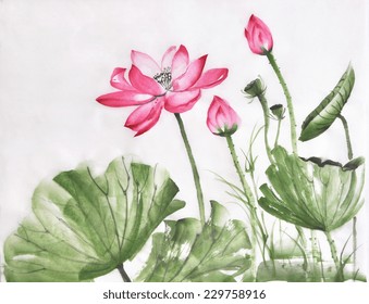 Lotus Flower Watercolor Painting On Rice Paper, Original Art, Asian Style