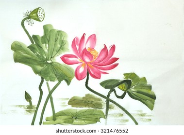 Lotus Flower Watercolor Painting On A Rice Paper, Original Art, Asian Style.