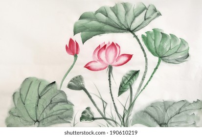 Lotus flower watercolor painting, original art, asian style