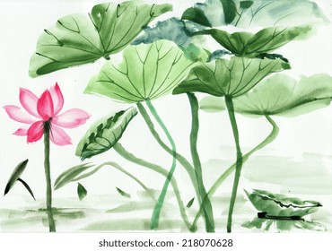 Lotus flower watercolor painting, original art, Asian style