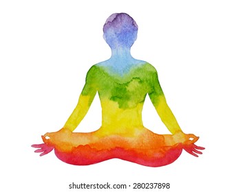 lotus pose yoga with mudra hand, watercolor painting, abstract aura power, nature pattern design, rainbow chakra sign