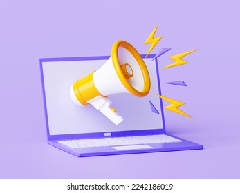 Loudspeaker 3d render - yellow and white megaphone banner with empty space for text for announcement or advertising message. Cartoon loud speaker or bullhorn for caution information. 3D Illustration