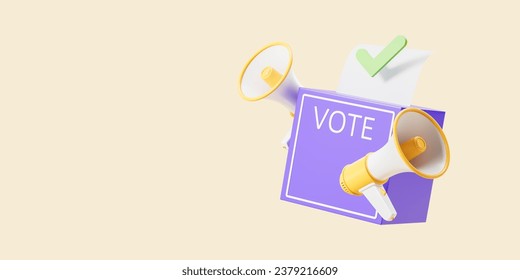 Loudspeaker with ballot box and blank list with green tick, copy space beige background. Concept of vote, election or presidential campaign announcement. 3D rendering illustration - Powered by Shutterstock