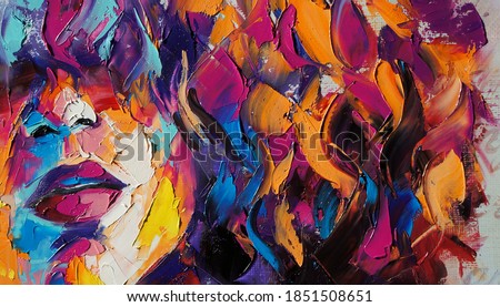 Louise - oil painting. Conceptual abstract picture of a beautiful girl. On the background is written text from a book. Conceptual abstract closeup of an oil painting and palette knife on canvas. 