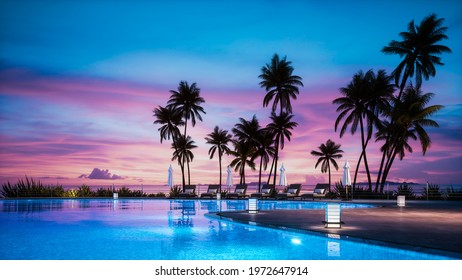 Lounge Chair Around Swimming Pool In Hotel. Lounge Deck Chair And Pool At Sunset. Tropical Vacation In Luxurious Hotel. Lounge Bed And Palm Trees Around Swimming Pool At Sunset. 3d Illustration