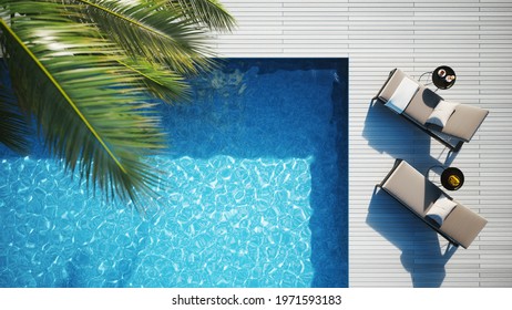 Lounge Chair On Terrace Near Swimming Pool. Top View Of Pool And Lounge Area. Tropical Vacation Concept. 3d Illustration