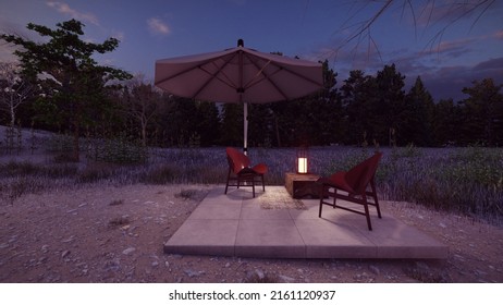 Lounge Chair Outdoor On Concrete Floor In The Forest Landscape Summer 3d Illustration