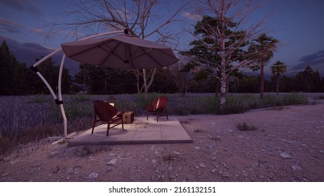 Lounge Chair Outdoor On Concrete Floor In The Forest Landscape 3d Illustration