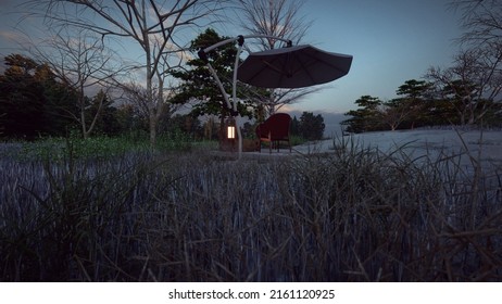 Lounge Chair Outdoor With Umbrella The Grass And Forest Background In The Night Light On 3d Illustration