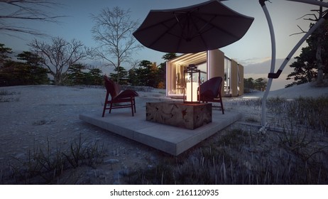 Lounge Chair Outdoor With Umbrella Small Wooden House Background In The Night Light On 3d Illustration